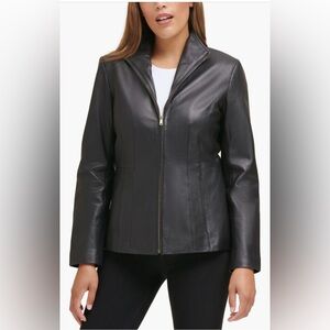 Cole Haan Women's Black Leather Jacket Wing Collar NWT